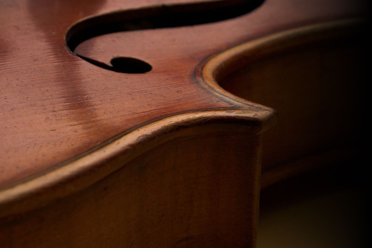 Dettaglio del corpo in legno di un violino con intaglio a “f”, immagine simbolo del Corso di Violino alla Scuola e Accademia di Musica Cluster